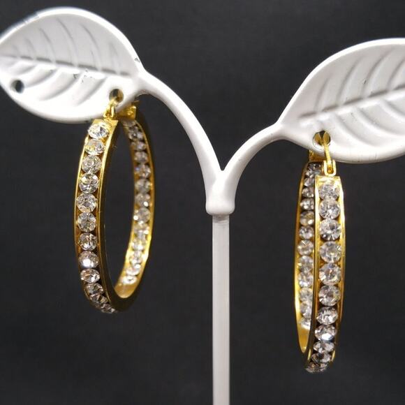 Gold Rhinestone Hoop Earrings 316L Stainless Steel Pierced 1.5" Vintage - Picture 4 of 9